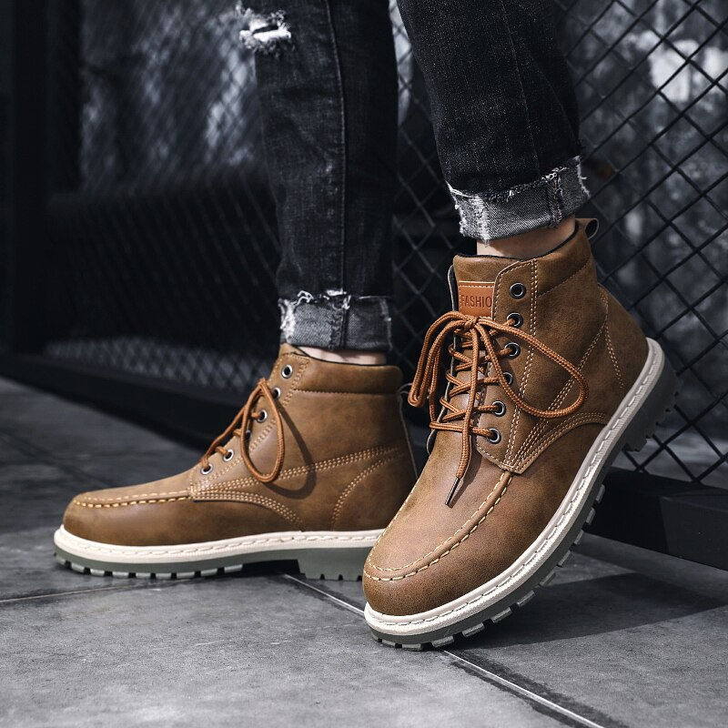 Thumbnail: Warm Men's Winter Leather Ankle Boots Waterproof Snow Boots Winter Motorcycle