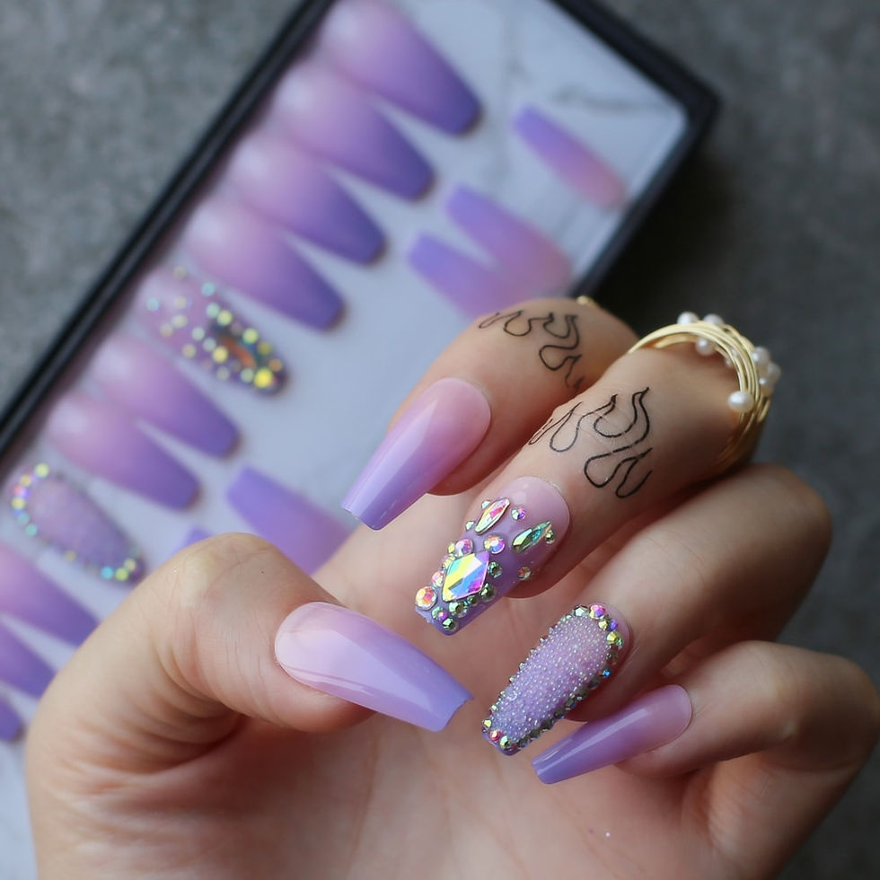 Thumbnail: Ombre Purple Lavender Coffin False Nails Crystal Design Design Caviar Shaped