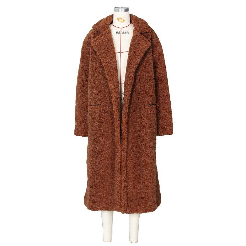 Thumbnail: Khaki Teddy Long Coat  Outfits Warm Long Jacket Long Sleeve Turn-Down Collar