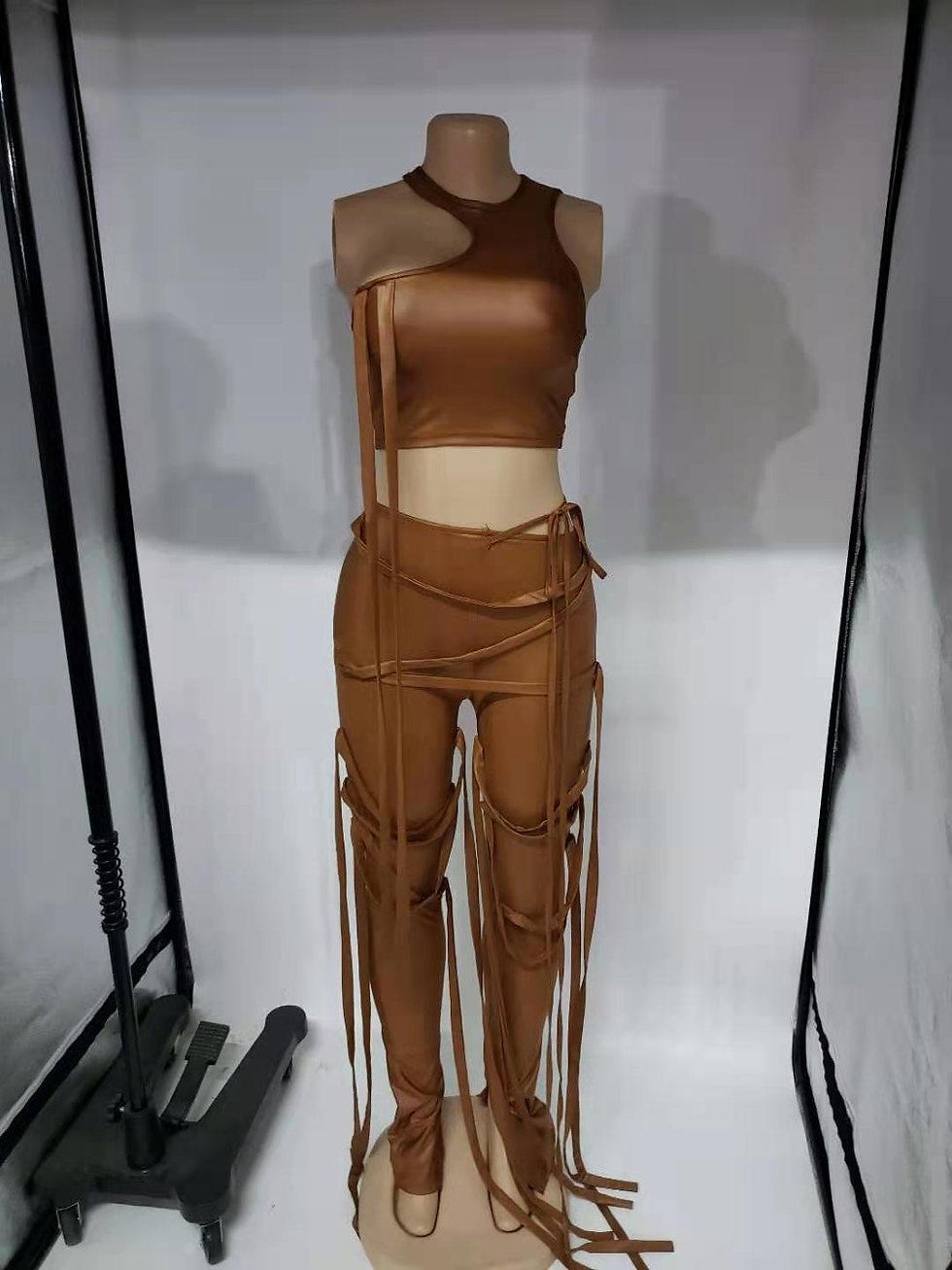 Thumbnail: Leather Two Piece Pant Set Crop Top Bandage With Strings 2 Piece Pants Set