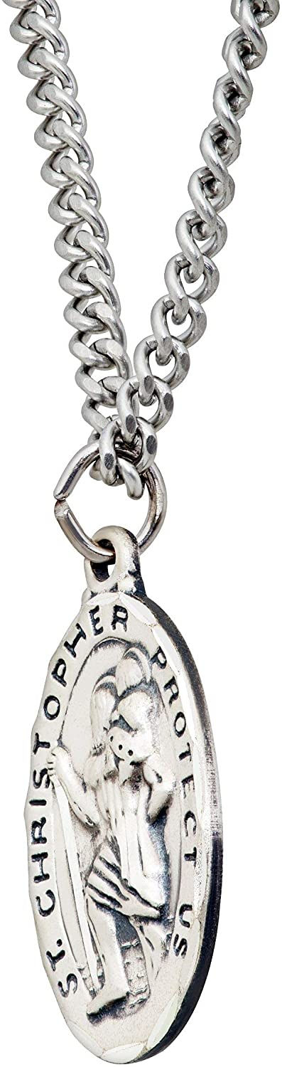 Thumbnail: Finecraft St. Christopher Medallion Necklace in Sterling Silver and Stainless S