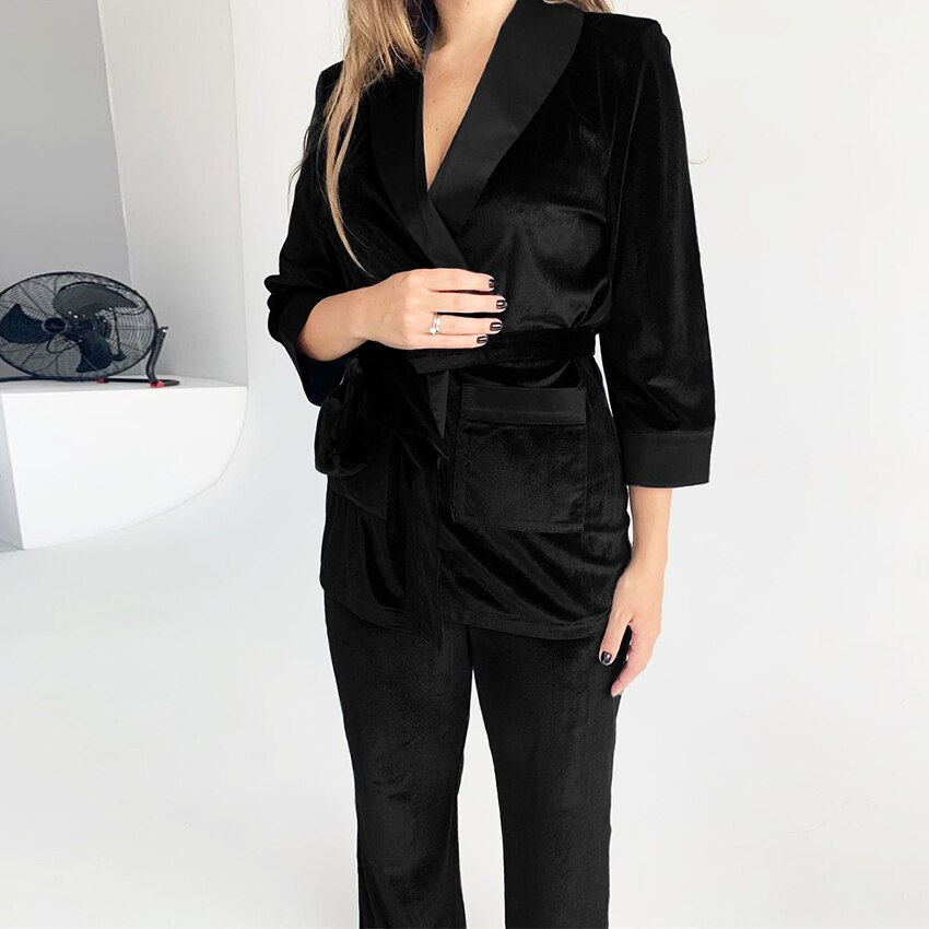 Thumbnail: Velvet Pajamas Warm Pockets Solid Robe Set  Bathrobe Winter Pajama