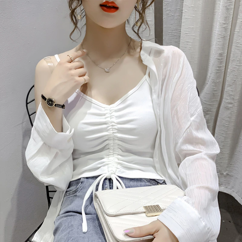 Thumbnail: Drawstring Knitted Tank Top Solid All Match Casual Short Camis v Neck New Design