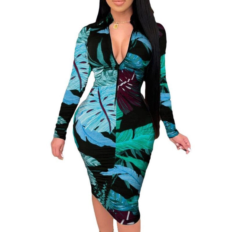 Thumbnail: Deep V-Neck Tight Fall Long Sleeve  Print Bodycon Dress Modest Dresses