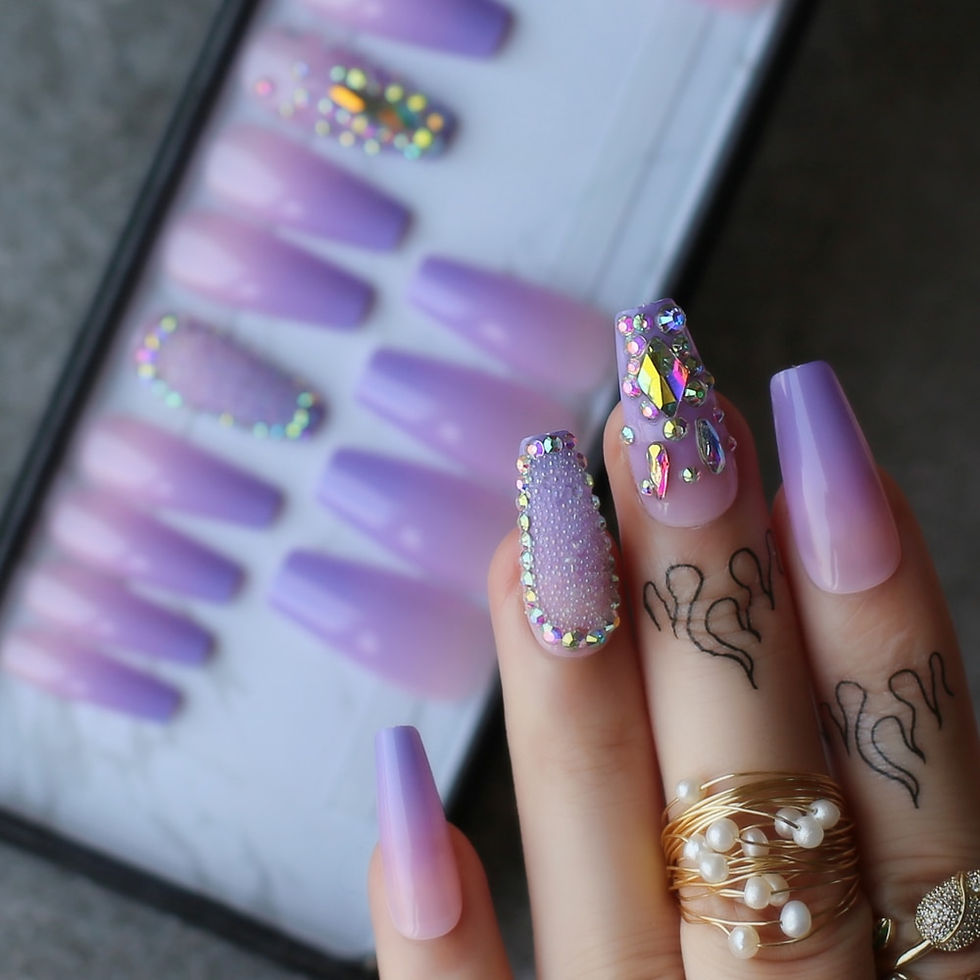 Thumbnail: Ombre Purple Lavender Coffin False Nails Crystal Design Design Caviar Shaped