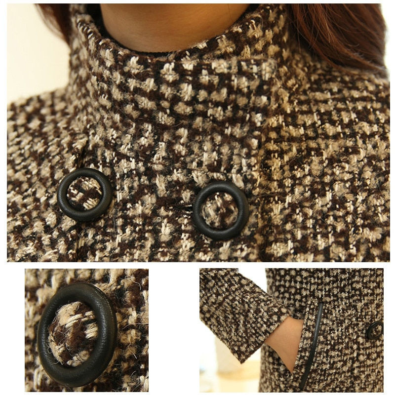 Thumbnail: Wool Blends  Turtleneck Plaid Slim Long Tweed Woolen Outerwear Female