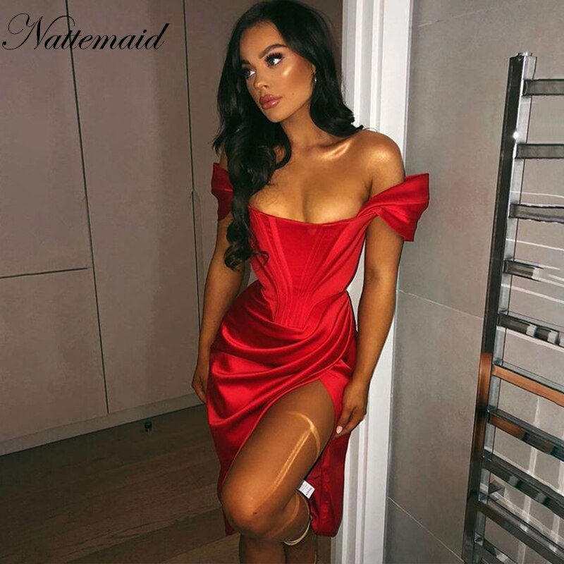 Thumbnail: ShoulderHigh Split Strapless Club Bodycon Dress Backless Elegant Midi Party