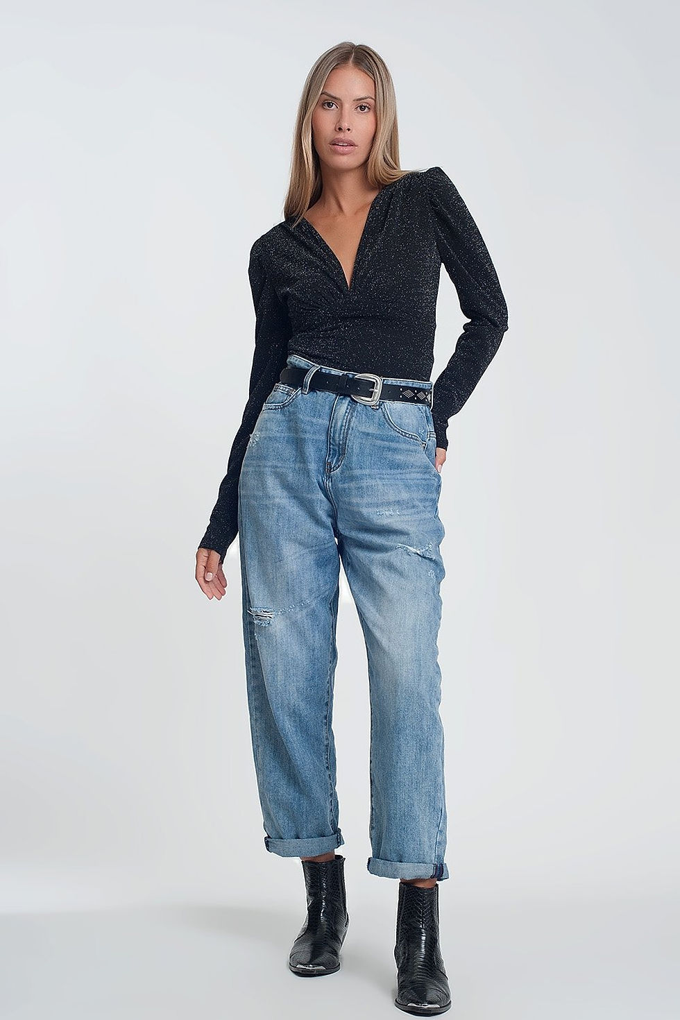 Thumbnail: Glitter Long Sleeve v Neck Body in Black