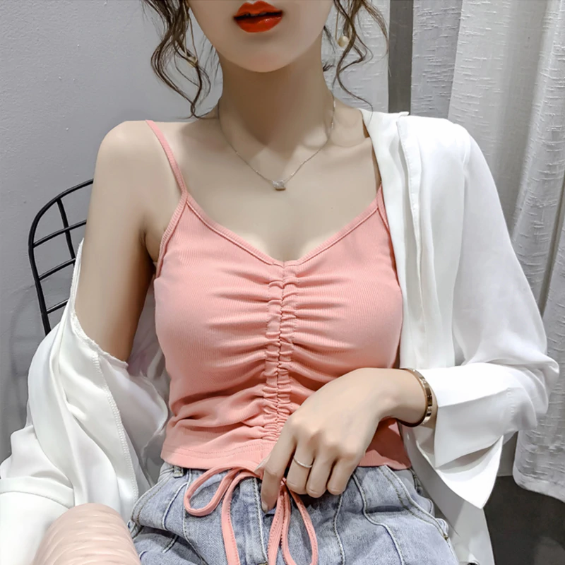Thumbnail: Drawstring Knitted Tank Top Solid All Match Casual Short Camis v Neck New Design