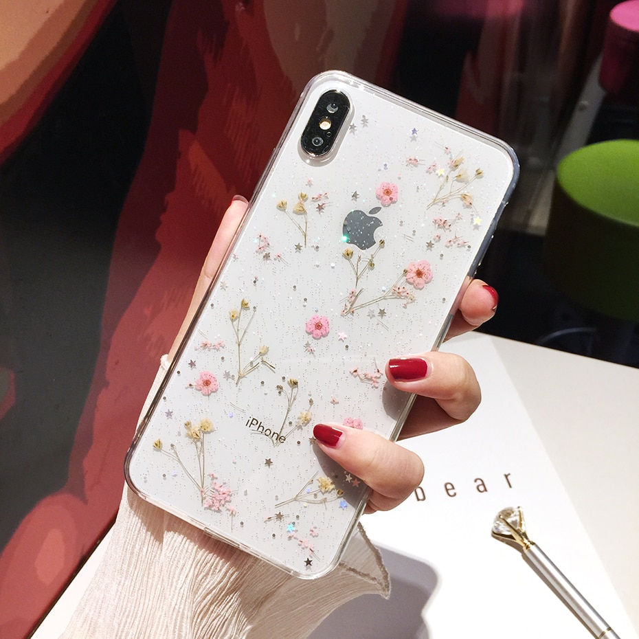 Thumbnail: Real Dry Flower Glitter Clear Case for iPhone 12 Pro Max X  7 8 Plus 6 6s