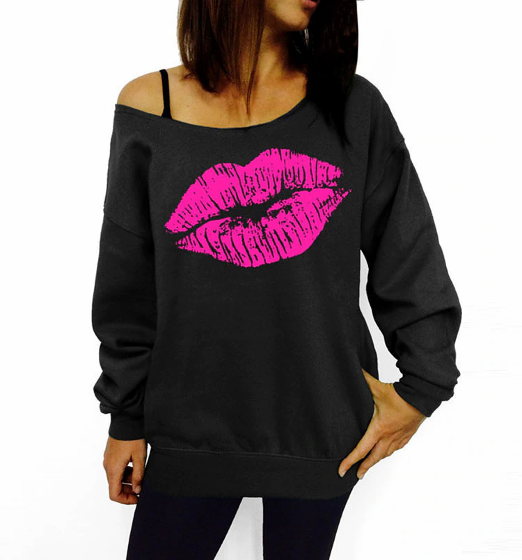 Thumbnail: Plus Size  Pullovers Printed Lip Sweatshirts Fashion Off Shoulder Long Sleeve