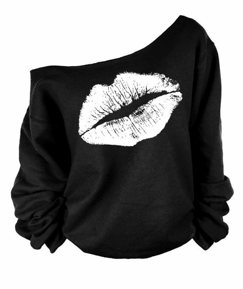 Thumbnail: Plus Size  Pullovers Printed Lip Sweatshirts Fashion Off Shoulder Long Sleeve