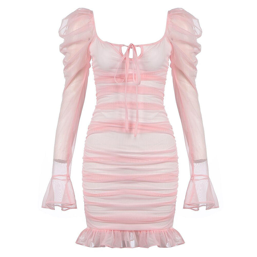 Thumbnail: Long Flare Sleeves Mini Ruched Sheath Stretch Sexy Outfit Solid Mesh Dress