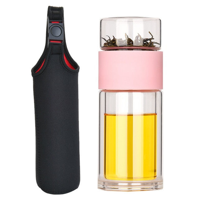 Thumbnail: Portable Double Wall Glass Tea Mug Coffee Travel Cup Infuser Drink Bottle