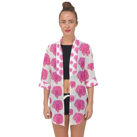 Thumbnail: Pink Roses Open Front Chiffon Kimono for Over the Dress