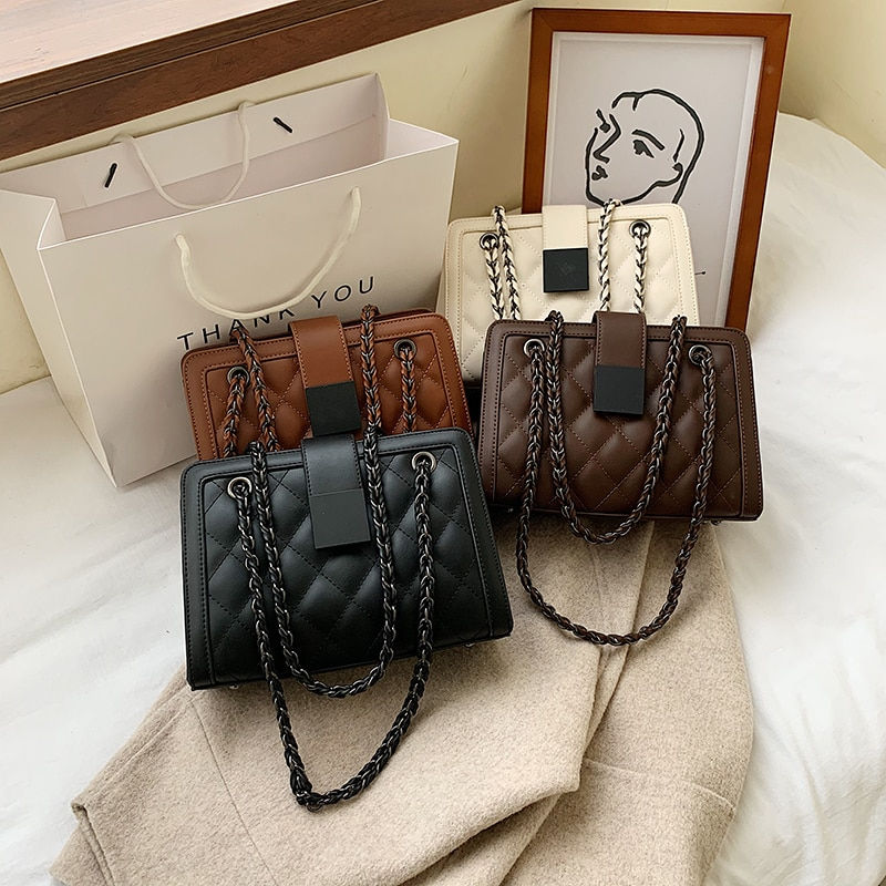 Thumbnail: Small Black PU Leather Crossbody Bag Branded Chain Designer Shoulder
