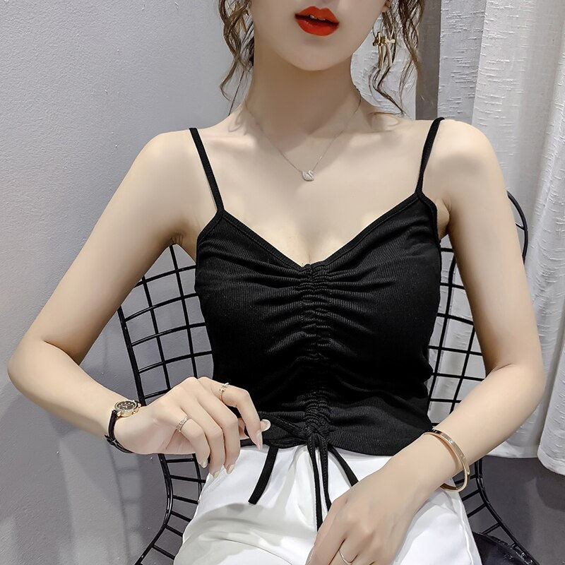 Thumbnail: Drawstring Knitted Tank Top Solid All Match Casual Short Camis v Neck New Design