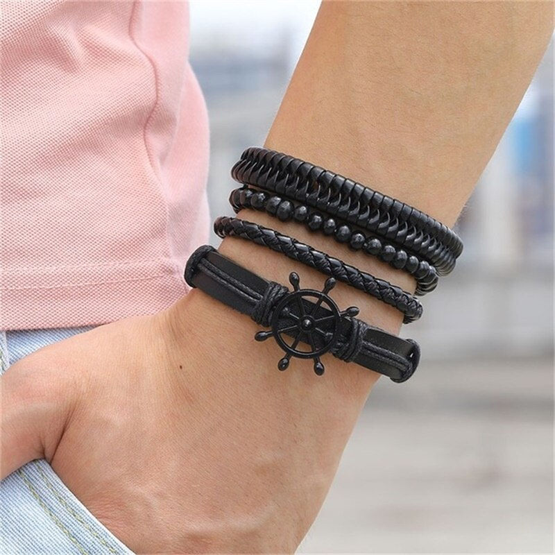 Imej kecil: Vintage Leaf Feather Multilayer Leather Braided Handmade Star Rope Wrap