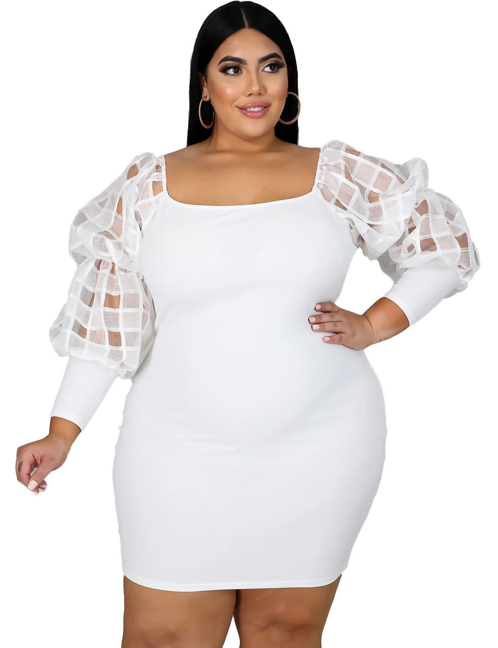 Thumbnail: Plus Size XL-6XL Women Lantern Long Sleeve Mesh Patchwork Bodycon
