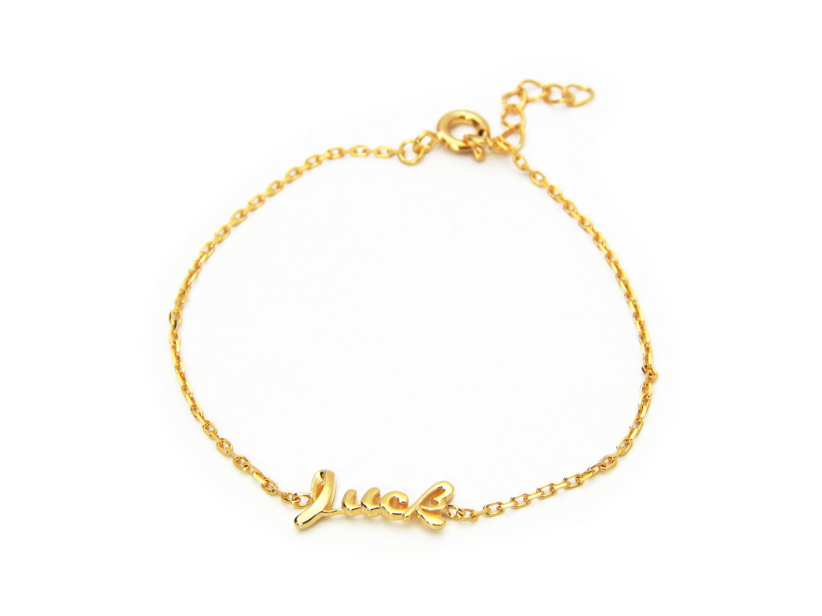 Slender Cursive Luck Bracelet in 18k Gold Plated 925 Sterling Silver, 6" Long