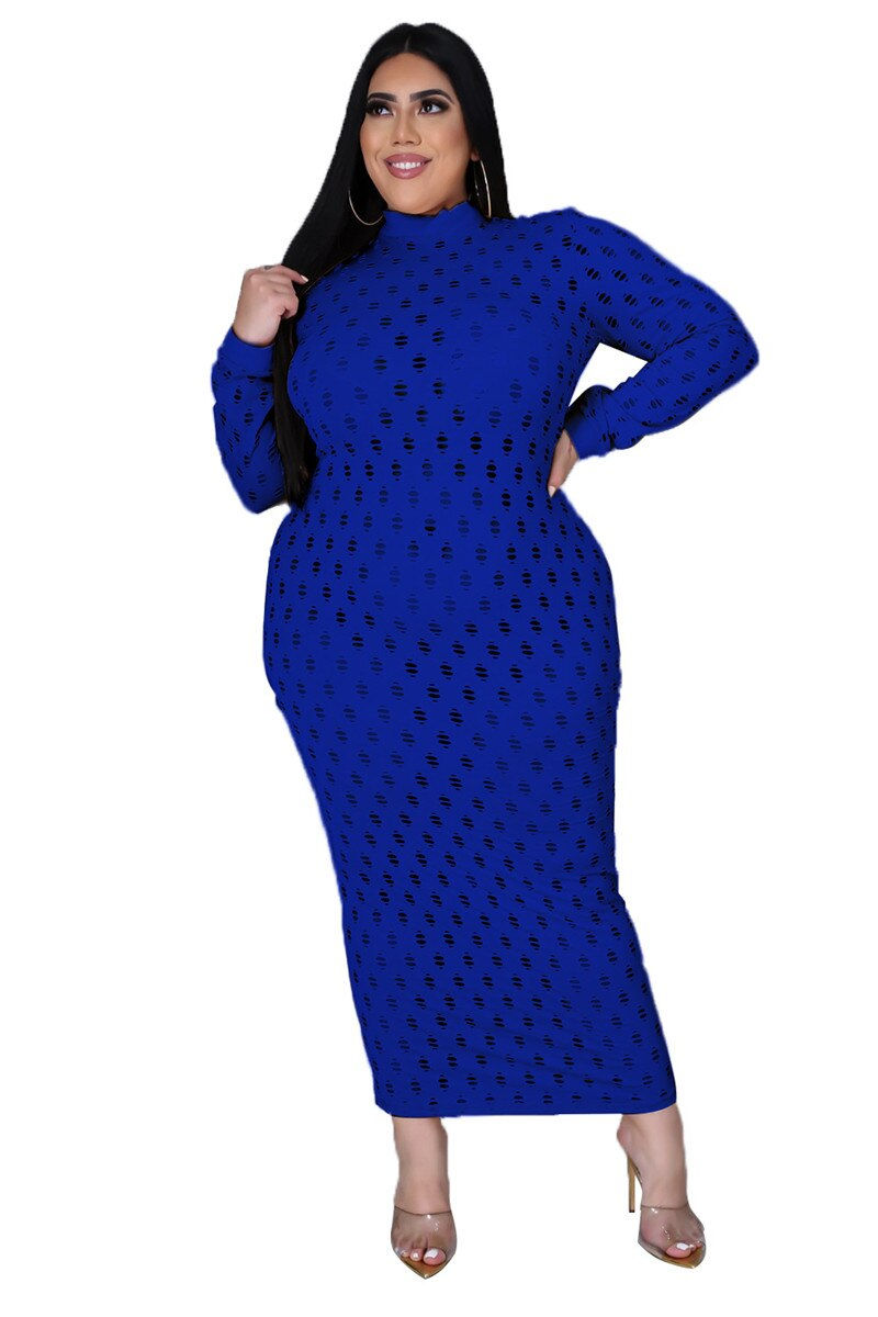 Thumbnail: XL-5XL Plus Size Women Solid Hollow Out Maxi Dress Long Sleeve