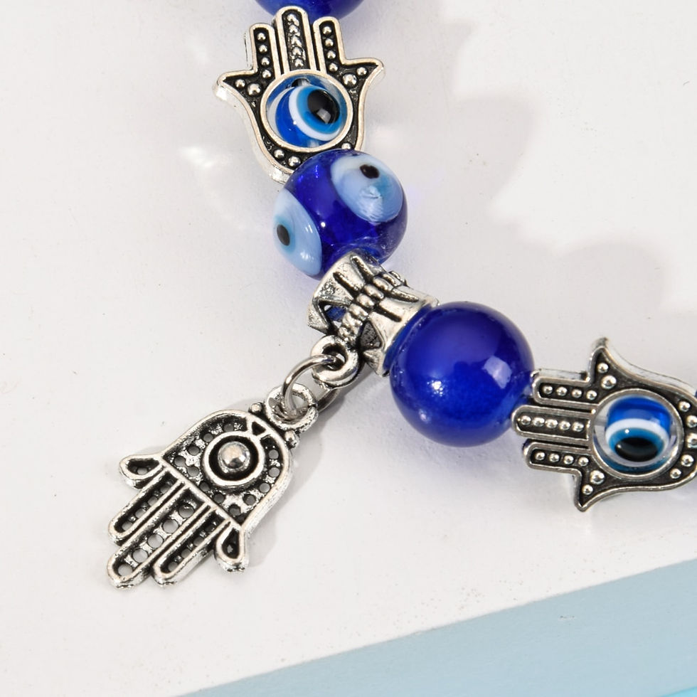 Thumbnail: Couples Blue Turkish Evil Eye Elastic Bracelet Charms Crystal Fatima Hand