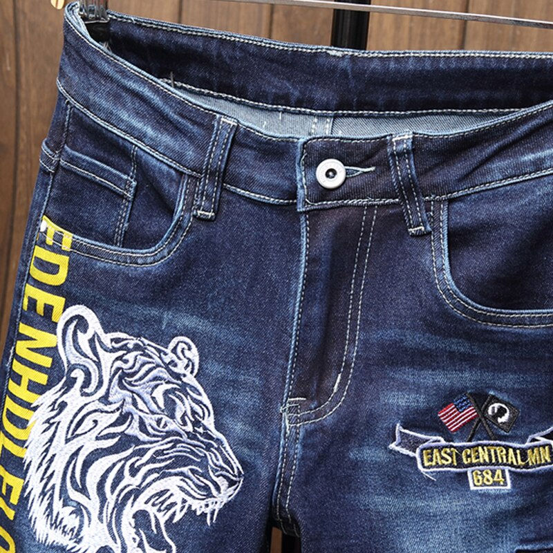Thumbnail: Denim Slim Fit Pants Trousers Blue Biker Printing Jeans
