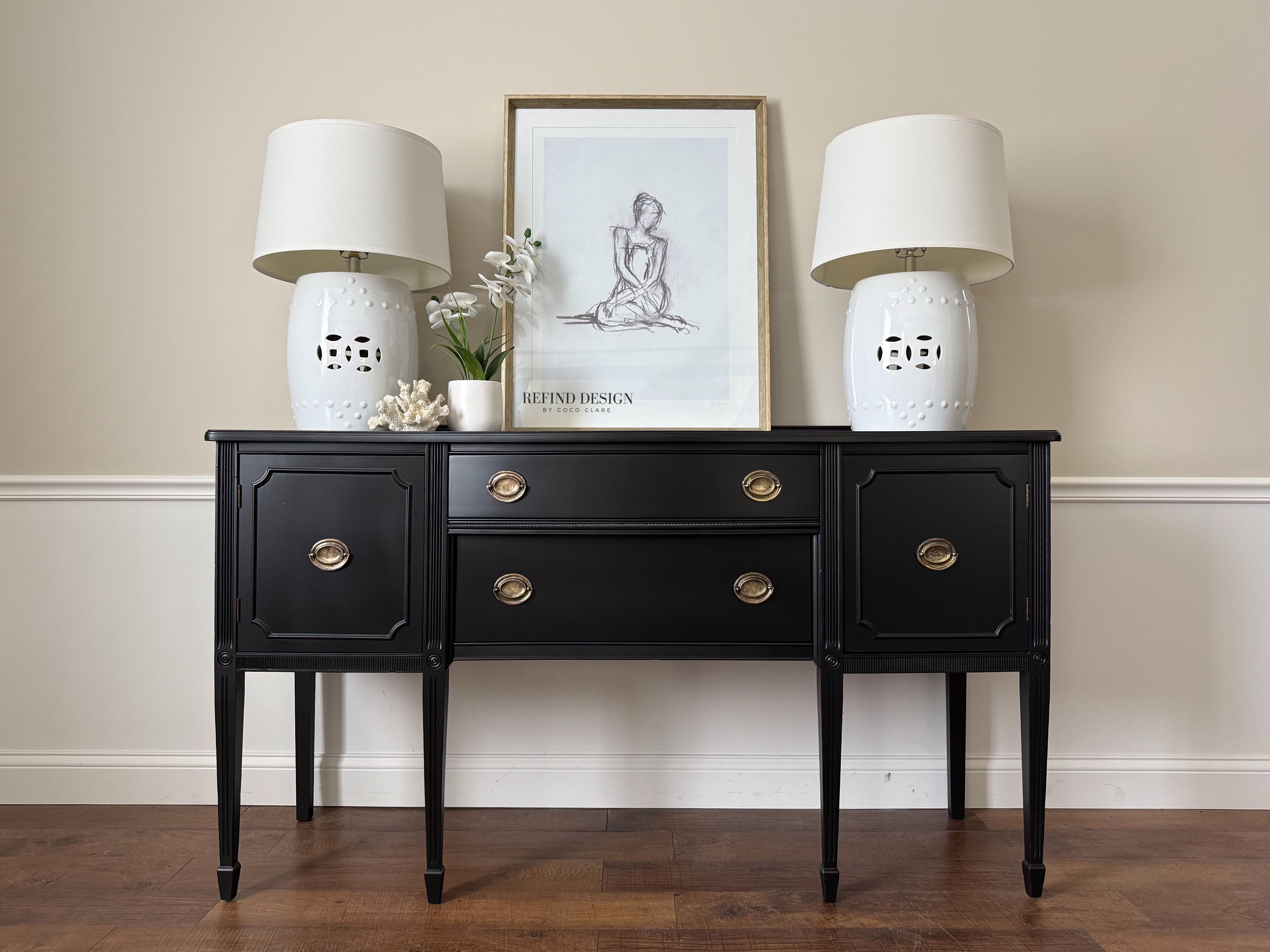 Black Lacquer Buffet – Antique Sideboard with Original Hardware