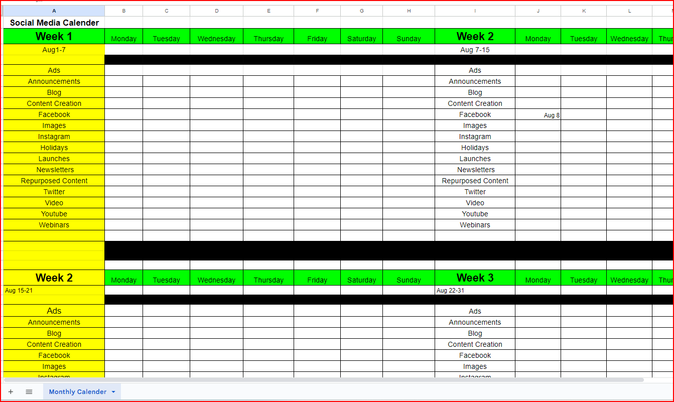 1-Page Social Media Montly Calender