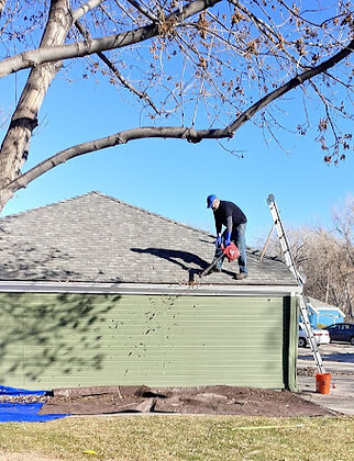 cleaning gutters with leafblower and tarps
