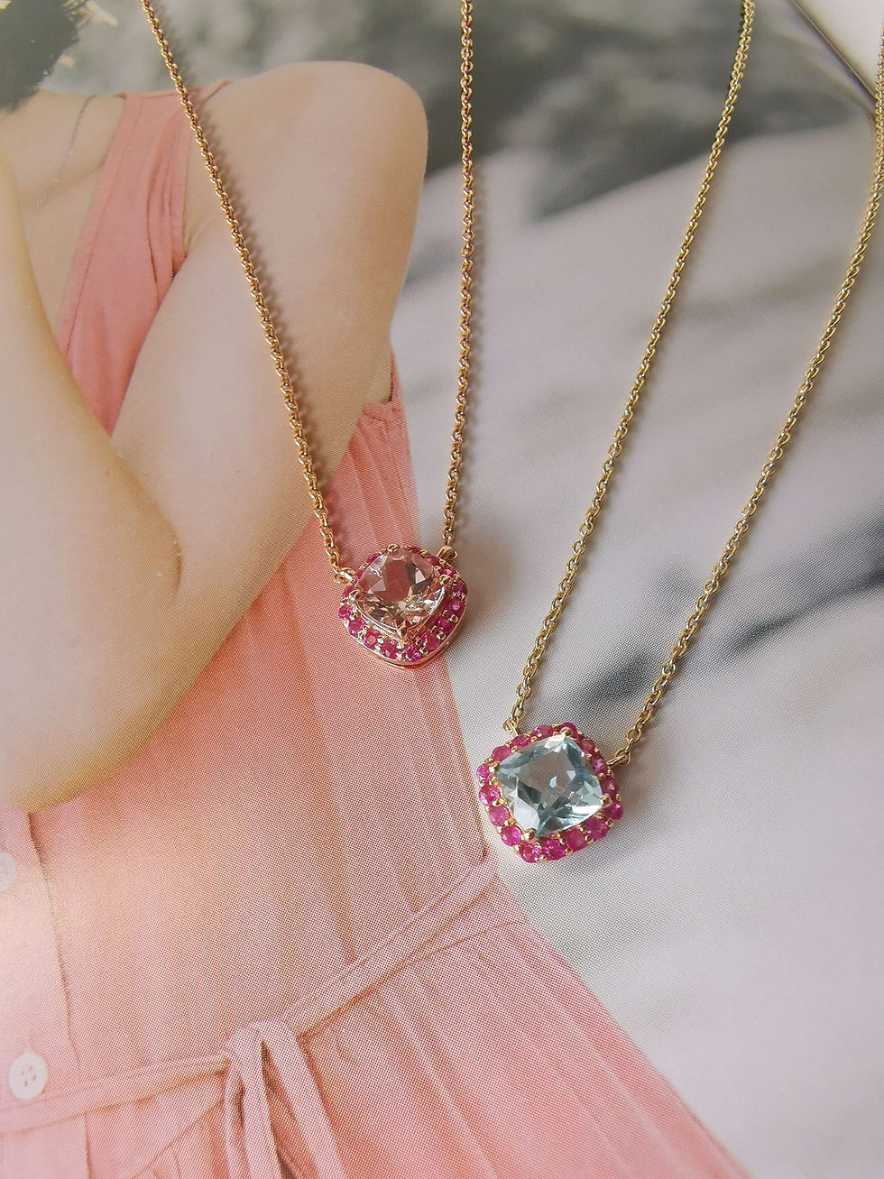 Thumbnail: Cushion cut Aquamarine and Pink Sapphire necklace