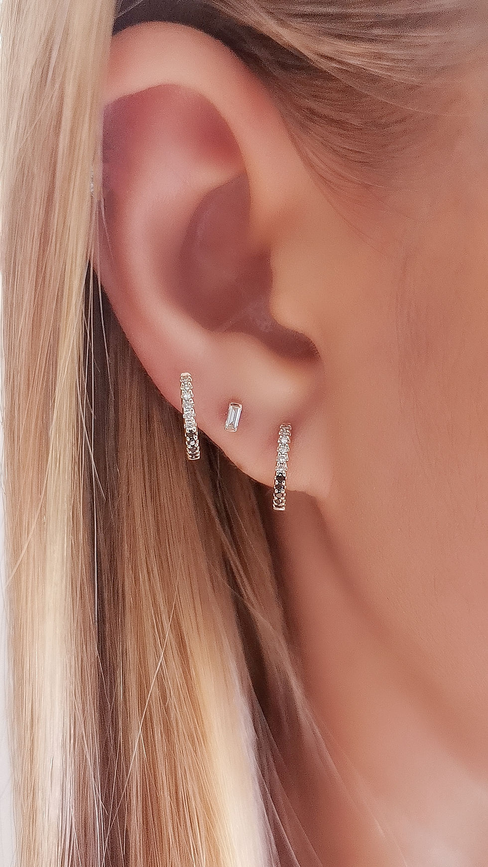 Thumbnail: 14K Solid Gold Black/White Diamond huggies