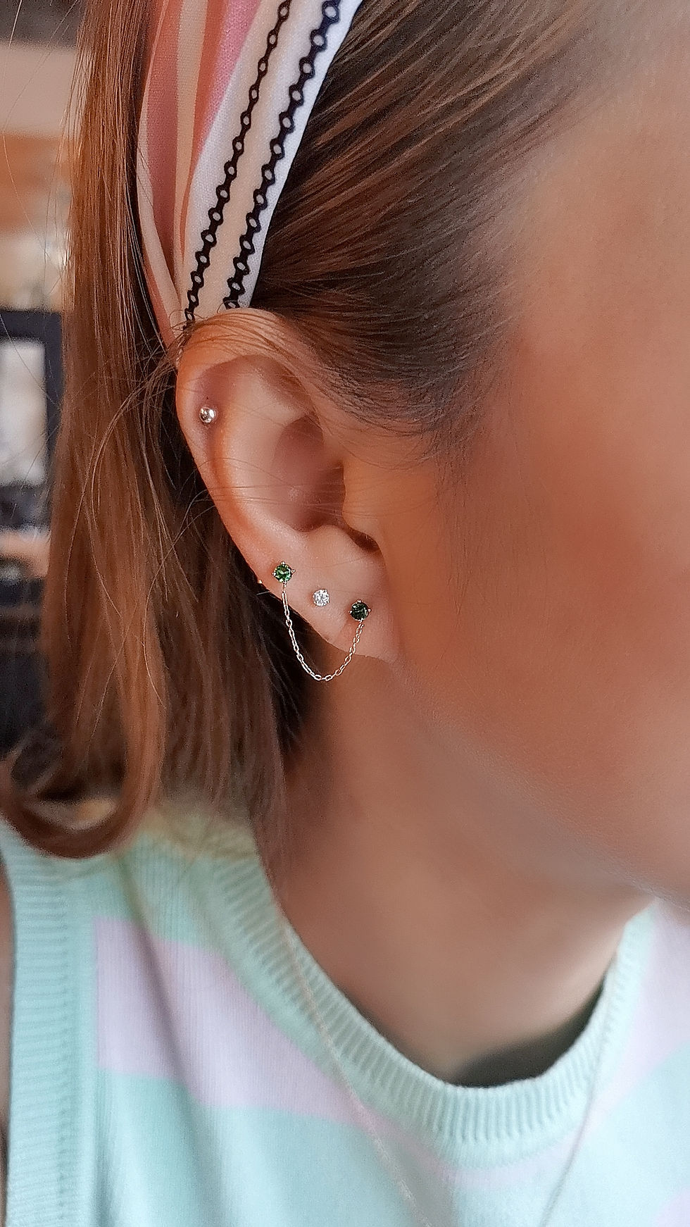 Thumbnail: Green Tourmaline double studs chain earrings