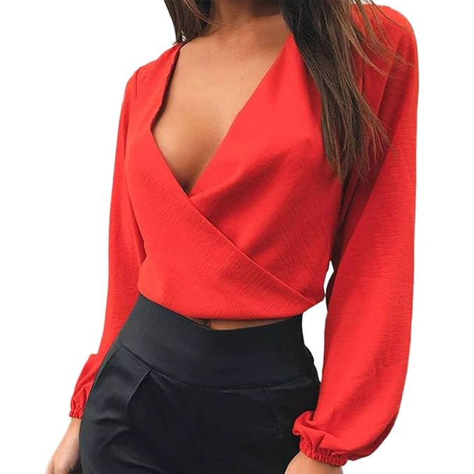Women's Backless Chiffon Blouse, Sexy V-Neck Long Sleeve Shirt, Casual Loose Top