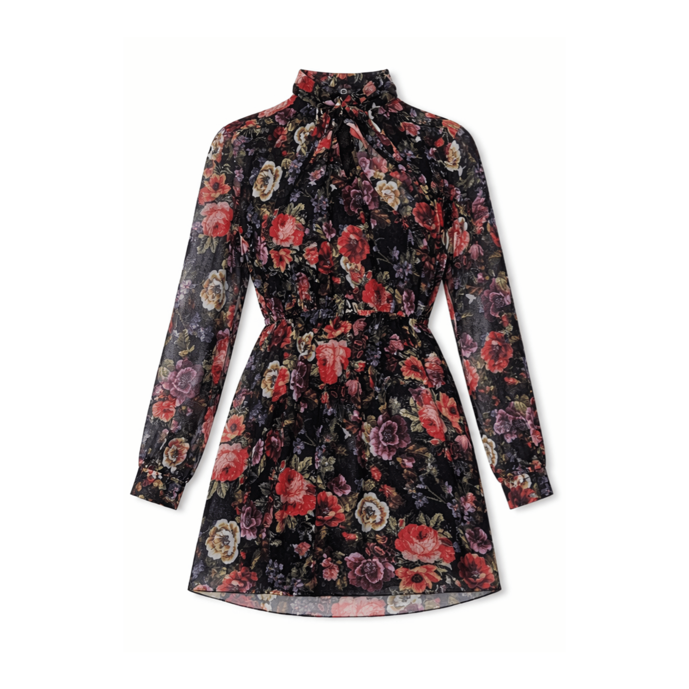 שמלה פרחונית שחורה עם צווארון קשירה