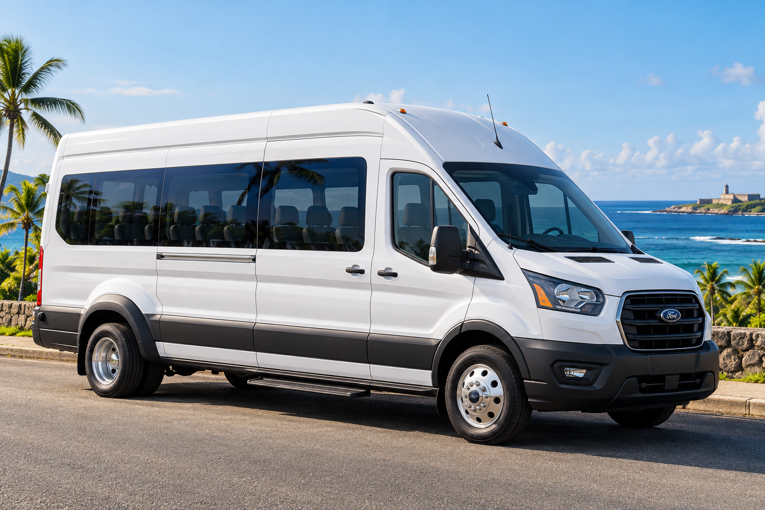 White Ford Transit 350 HD passenger van with dual rear wheels