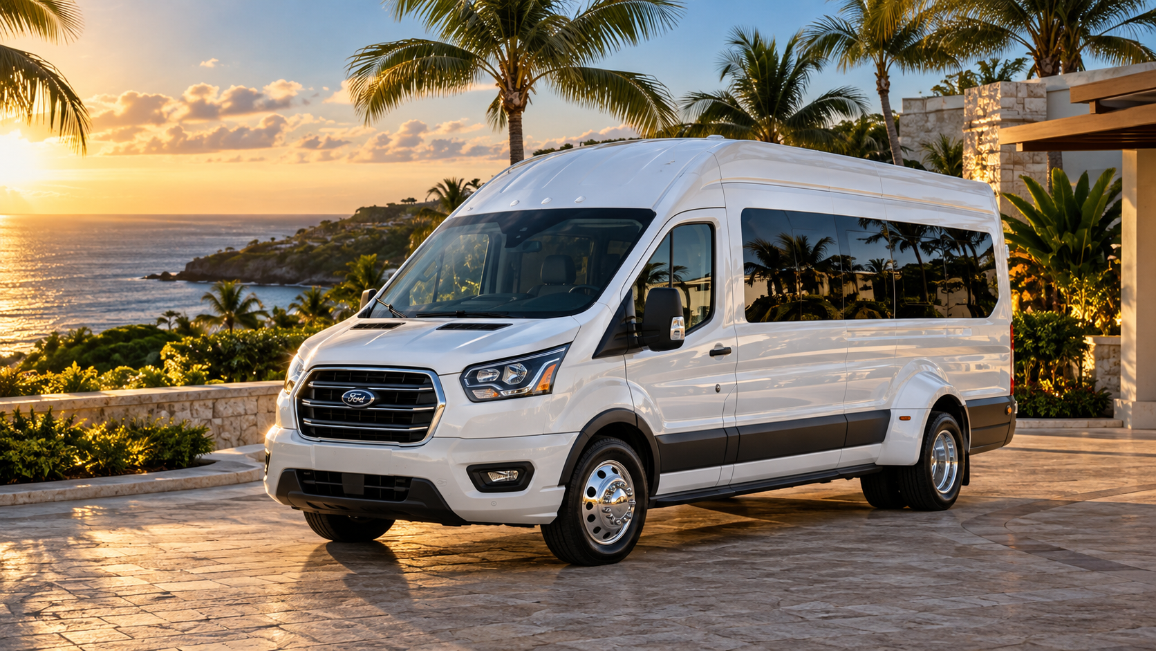 White Ford Transit passenger van beside the tropical coast at sunset