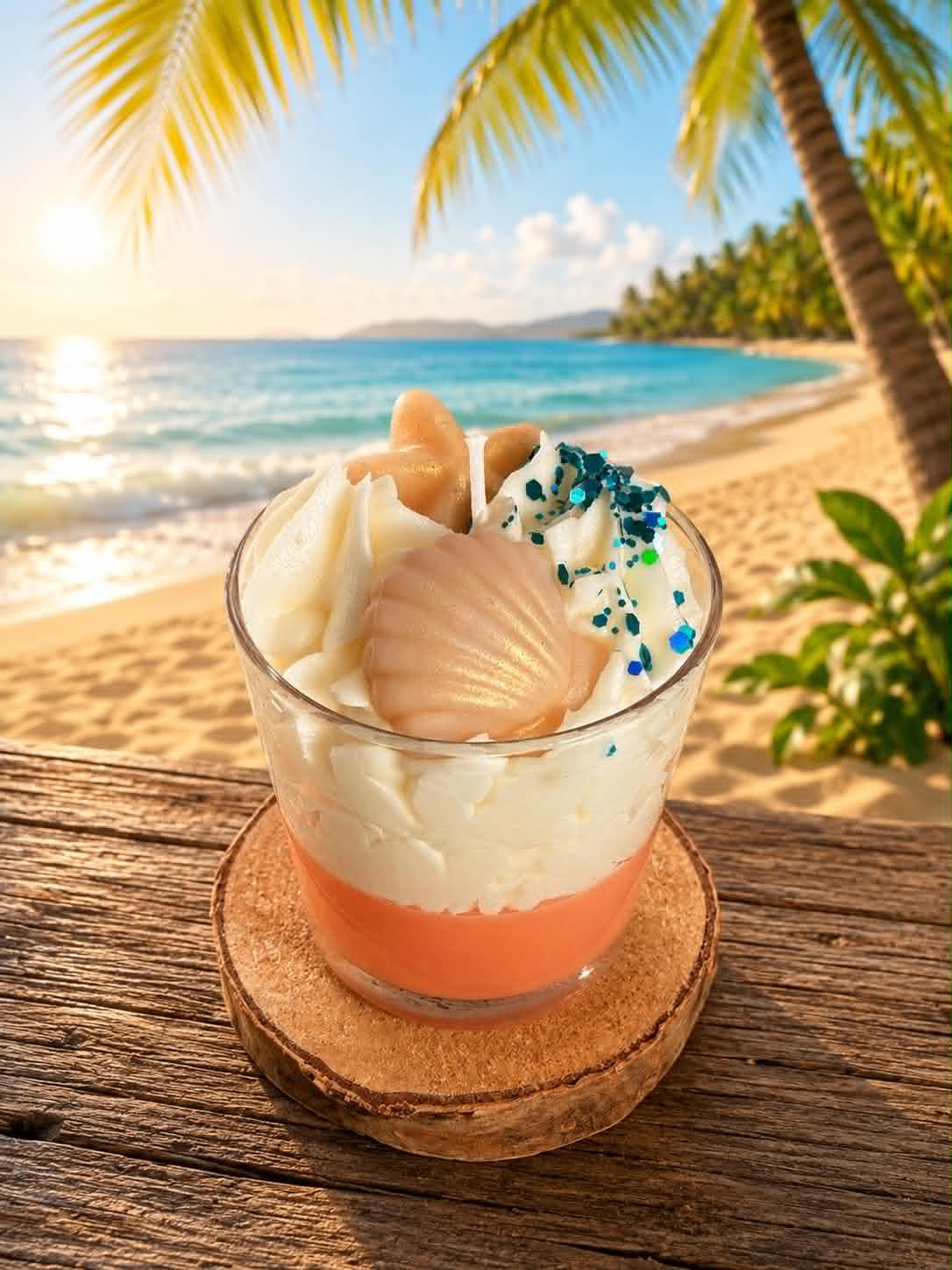 Bougie  gourmande " Balade sur la plage" senteur Monoï Pêche