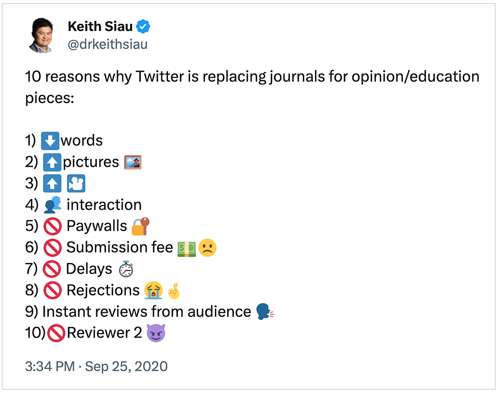 Twitter/X post from Dr. Keith Siau on why Twitter is replacing medical journals