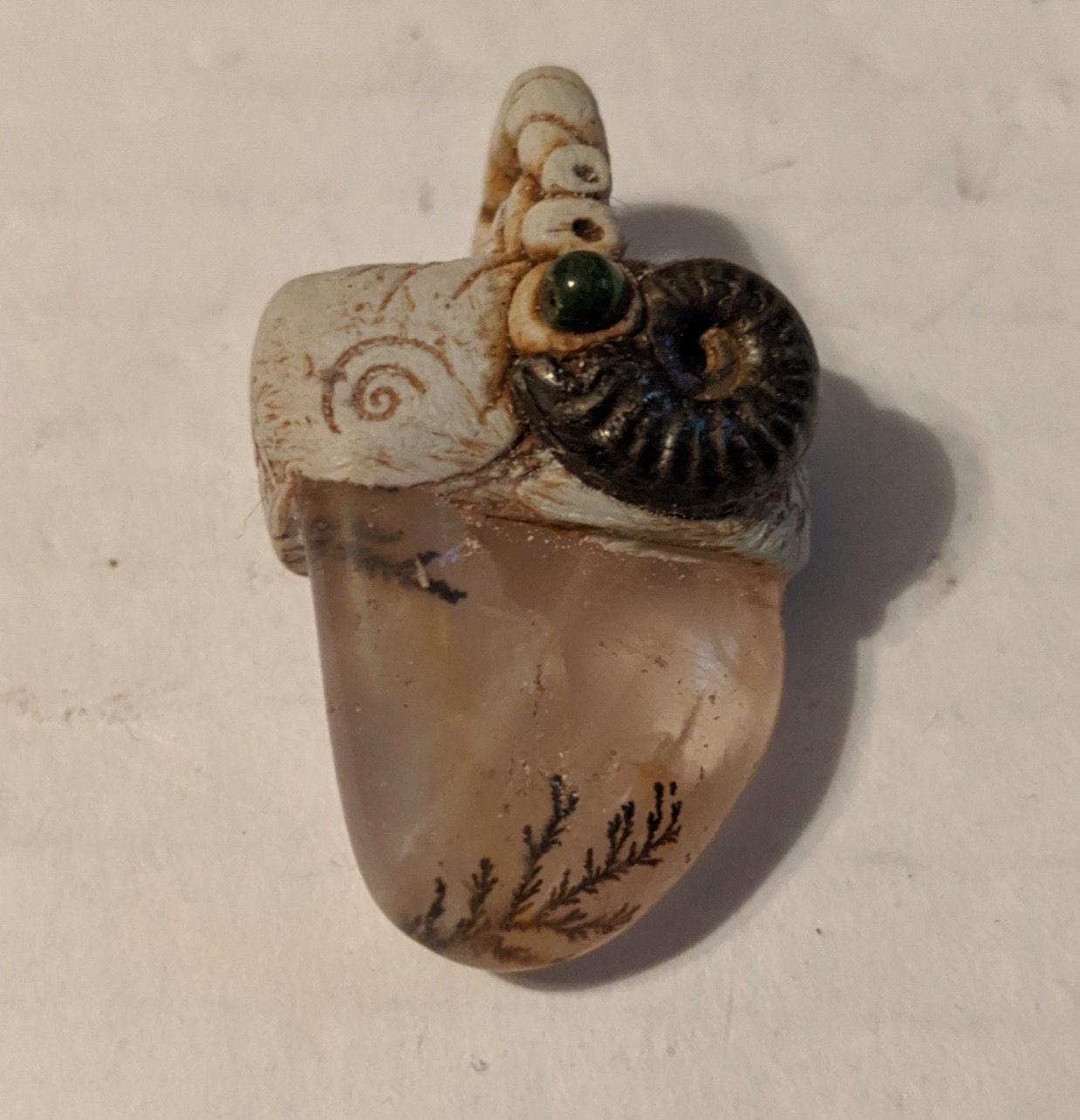 Handmade Clay Rose Quartz & Pyrite Ammonite w Dendrites