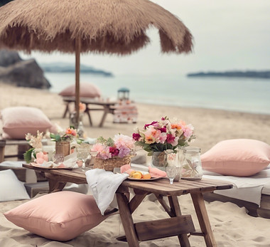 LUXURY PICNIC WITH FLOWERS ARRANGEMENT, WOOD TABLE PILLOWS, _ FANSY UMBRELLAS AND FANSY DE