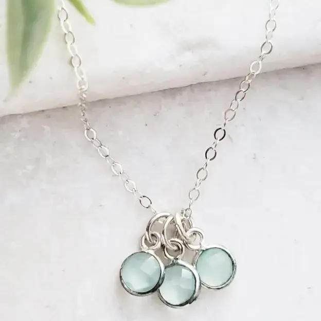 Silver Gemstone Cluster Trio Necklace - Aqua Chalcedony