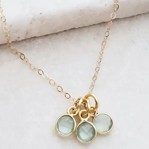 Gold Gemstone Cluster Trio Necklace - Aqua Chalcedony