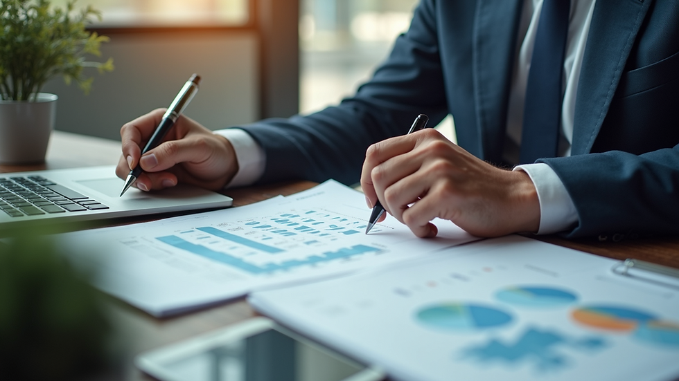 High angle view of a business owner reviewing financial charts and plans