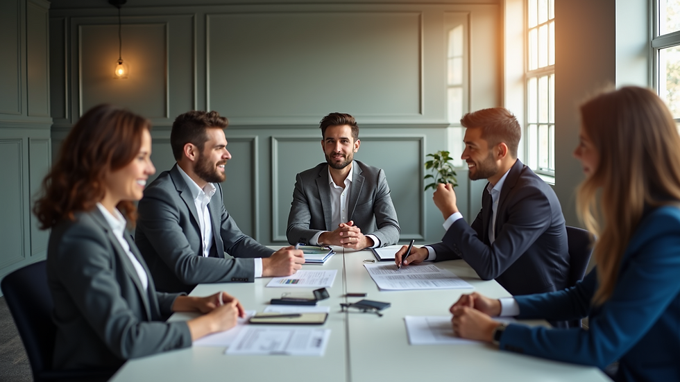 Eye-level view of a business meeting with diverse team discussing growth strategies