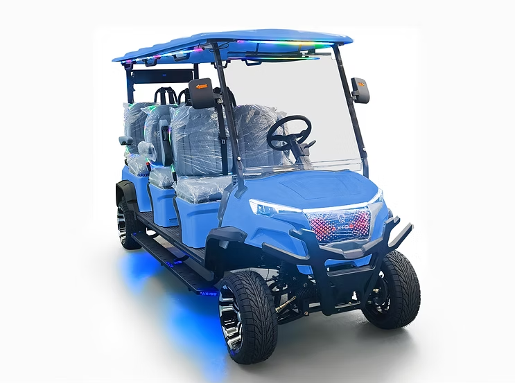 Blue golf cart with lights; Kodiak MX42L on display isolated on white background