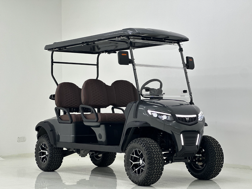 Dark golf cart on display with black seats and top, Kodiak MX42L, interior.