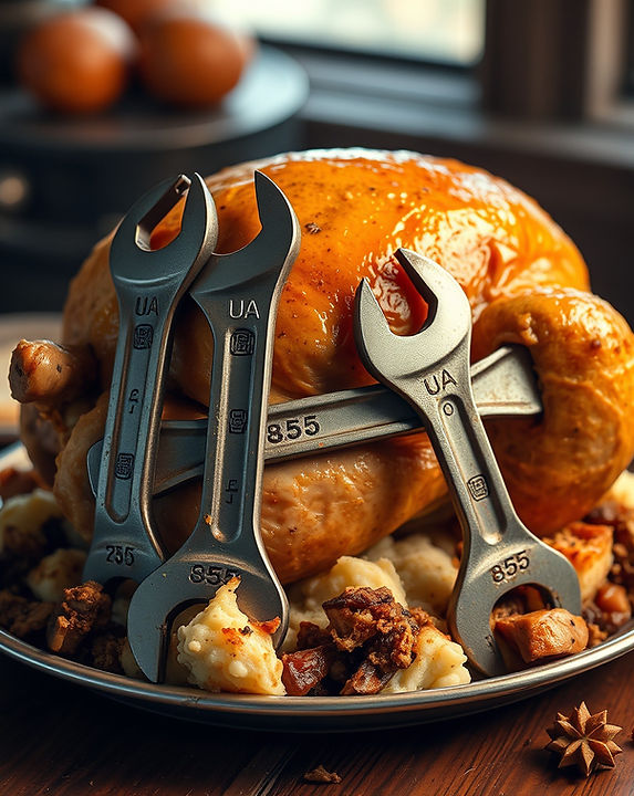 a cooked thanksgiving turkey with pipe wrenches for legs with mashed potatoes and stuffing.jpg