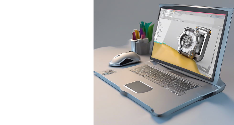 3d product design cad design on a computer screen on the right side of the image in color_