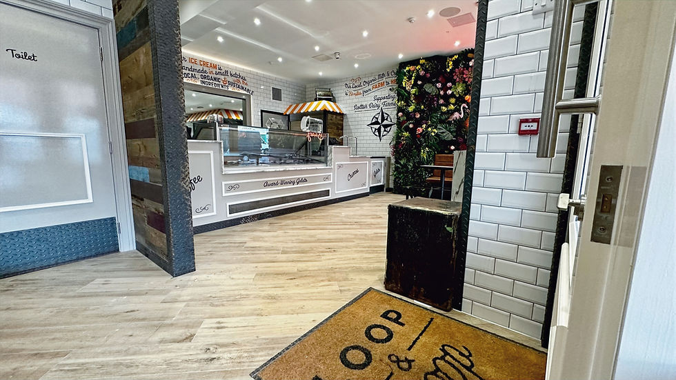 Shop interior with counter and 'Toilets' sign, for Contact Page